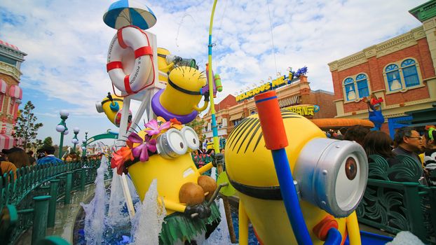 OSAKA, JAPAN - November 03, 2017 : Statue of MINIONS at MINION PARK ENTRANCE in Universal Studios JAPAN.  Minions are famous characters from Despicable Me animation.