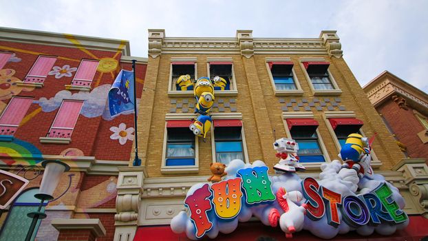 Osaka, JAPAN - NOV 19, 2019: Sign board of Minions from Despicable Me Minion Mayhem Movie at Minion Park in Universal Studios JAPAN.Universal Studios JAPAN is a theme park in Osaka.