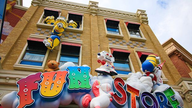 Osaka, JAPAN - NOV 19, 2019: Sign board of Minions from Despicable Me Minion Mayhem Movie at Minion Park in Universal Studios JAPAN.Universal Studios JAPAN is a theme park in Osaka.