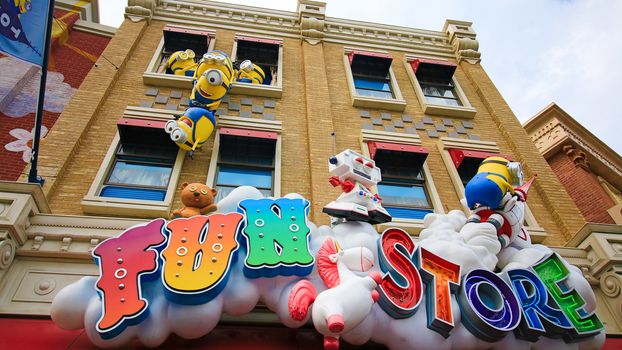 Osaka, JAPAN - NOV 19, 2019: Sign board of Minions from Despicable Me Minion Mayhem Movie at Minion Park in Universal Studios JAPAN.Universal Studios JAPAN is a theme park in Osaka.