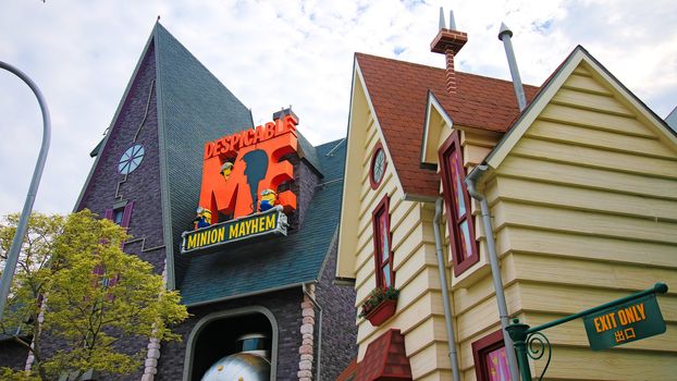 Osaka, JAPAN - NOV 19, 2019: Sign board of Minions from Despicable Me Minion Mayhem Movie at Minion Park in Universal Studios JAPAN.Universal Studios JAPAN is a theme park in Osaka.