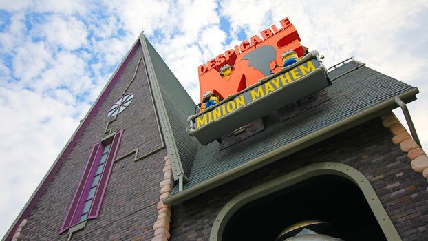 Osaka, JAPAN - NOV 19, 2019: Sign board of Minions from Despicable Me Minion Mayhem Movie at Minion Park in Universal Studios JAPAN.Universal Studios JAPAN is a theme park in Osaka.