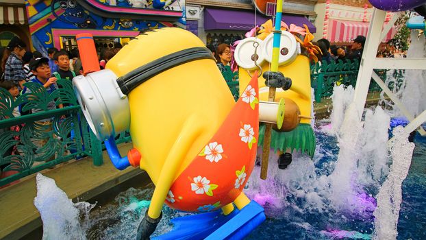 OSAKA, JAPAN - November 03, 2017 : Statue of MINIONS at MINION PARK ENTRANCE in Universal Studios JAPAN.  Minions are famous characters from Despicable Me animation.