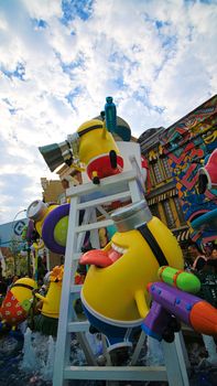 OSAKA, JAPAN - November 03, 2017 : Statue of MINIONS at MINION PARK ENTRANCE in Universal Studios JAPAN.  Minions are famous characters from Despicable Me animation.