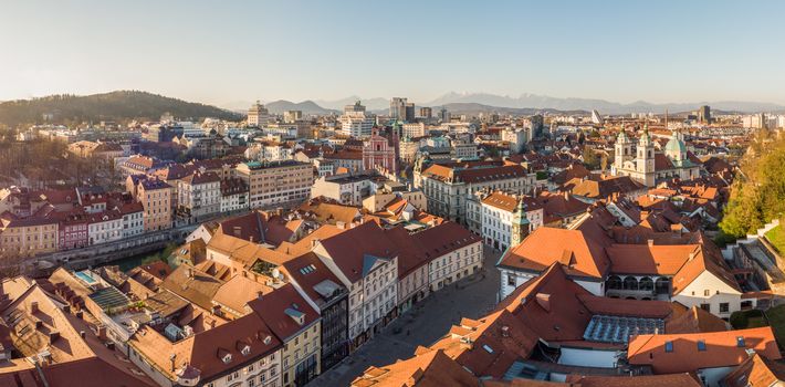 Panoramic view of Ljubljana, capital of Slovenia, at sunset. Empty streets of Slovenian capital during corona virus pandemic social distancing measures in 2020.