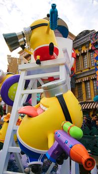 OSAKA, JAPAN - November 03, 2017 : Statue of MINIONS at MINION PARK ENTRANCE in Universal Studios JAPAN.  Minions are famous characters from Despicable Me animation.