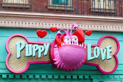 Osaka, JAPAN - NOV 19, 2019: Sign board of Minions from Despicable Me Minion Mayhem Movie at Minion Park in Universal Studios JAPAN.Universal Studios JAPAN is a theme park in Osaka.