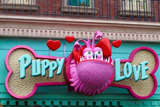 Osaka, JAPAN - NOV 19, 2019: Sign board of Minions from Despicable Me Minion Mayhem Movie at Minion Park in Universal Studios JAPAN.Universal Studios JAPAN is a theme park in Osaka.