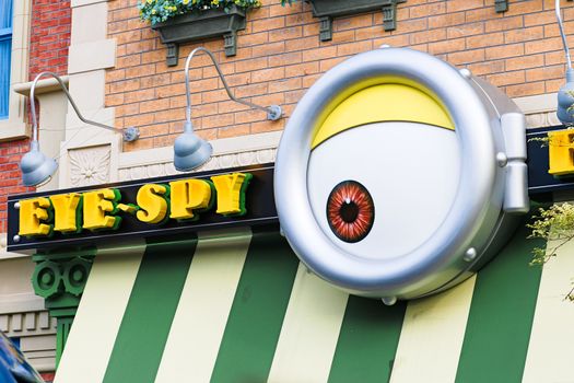 Osaka, JAPAN - NOV 19, 2019: Sign board of Minions from Despicable Me Minion Mayhem Movie at Minion Park in Universal Studios JAPAN.Universal Studios JAPAN is a theme park in Osaka.