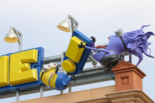 Osaka, JAPAN - NOV 19, 2019: Sign board of Minions from Despicable Me Minion Mayhem Movie at Minion Park in Universal Studios JAPAN.Universal Studios JAPAN is a theme park in Osaka.