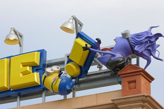 Osaka, JAPAN - NOV 19, 2019: Sign board of Minions from Despicable Me Minion Mayhem Movie at Minion Park in Universal Studios JAPAN.Universal Studios JAPAN is a theme park in Osaka.