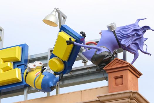 Osaka, JAPAN - NOV 19, 2019: Sign board of Minions from Despicable Me Minion Mayhem Movie at Minion Park in Universal Studios JAPAN.Universal Studios JAPAN is a theme park in Osaka.