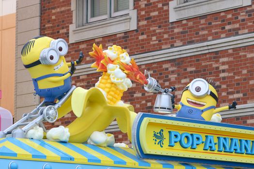 Osaka, JAPAN - NOV 19, 2019: Sign board of Minions from Despicable Me Minion Mayhem Movie at Minion Park in Universal Studios JAPAN.Universal Studios JAPAN is a theme park in Osaka.