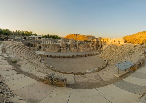 Bet Shean, Israel - August 23, 2020: Sunset view of The Roman theater, in the ancient Roman-Byzantine city of Bet Shean (Nysa-Scythopolis), now a National Park. Northern Israel