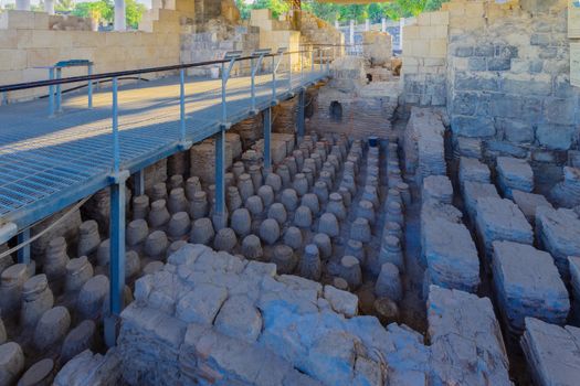 View of the remains of the western bathhouse, in the ancient Roman-Byzantine city of Bet Shean (Nysa-Scythopolis), now a National Park. Northern Israel