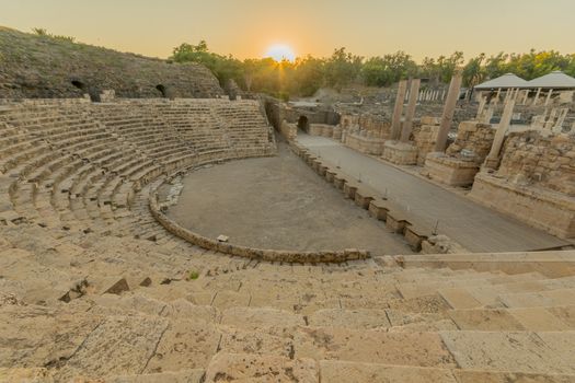 Sunset view of The Roman theater, in the ancient Roman-Byzantine city of Bet Shean (Nysa-Scythopolis), now a National Park. Northern Israel