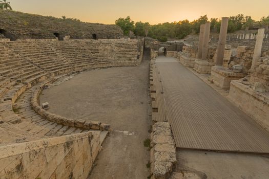 Sunset view of The Roman theater, in the ancient Roman-Byzantine city of Bet Shean (Nysa-Scythopolis), now a National Park. Northern Israel