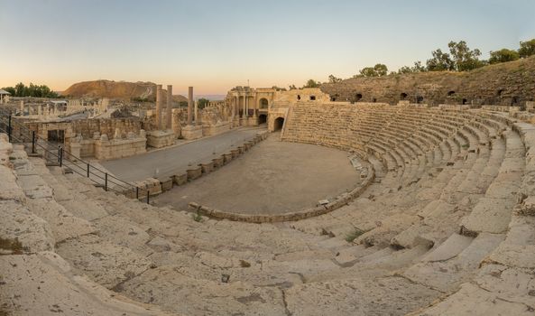 Sunset view of The Roman theater, in the ancient Roman-Byzantine city of Bet Shean (Nysa-Scythopolis), now a National Park. Northern Israel