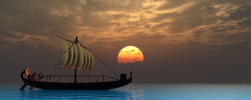 Two boatmen sail on a quiet ocean in an ancient historical Egyptian sailing ship as the sun sets at the horizon.