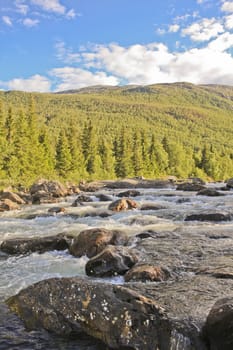 River of the beautiful waterfall Rjukandefossen with mountain views to the sunset in Hemsedal, Buskerud, Norway.