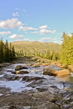 River of the beautiful waterfall Rjukandefossen with mountain views to the sunset in Hemsedal, Buskerud, Norway.