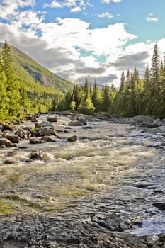 River of the beautiful waterfall Rjukandefossen with mountain views to the sunset in Hemsedal, Buskerud, Norway.