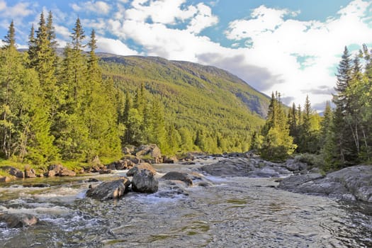 River of the beautiful waterfall Rjukandefossen with mountain views to the sunset in Hemsedal, Buskerud, Norway.