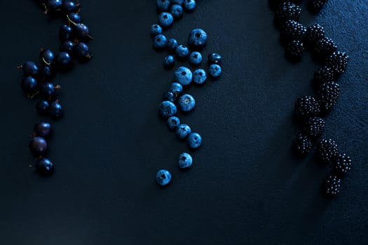 Mix set layout of different types of black berries  on a black table. Stylish seasonal vitamins.