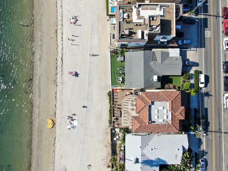 Aerial view of Mission Bay and Beaches with big wealthy villa in San Diego, California. USA. Californian beach-lifestyle.