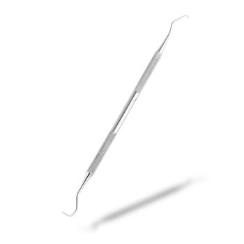 A double ended dentist's scaler and sickle probe dental explorer on white with drop shadow with clipping path