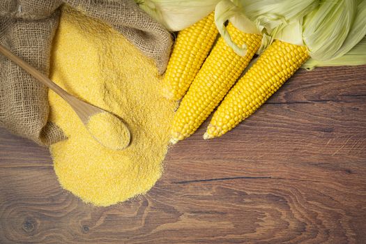 Ripe young sweet corn cob,on left stack cornmeal and spoon on top,wooden background, copy space.Gluten free food concept