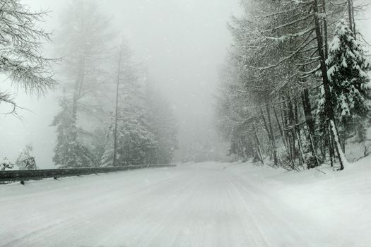 View from a car riding through snow covered winter, heavy snowing, low visibility, fog and haze in distance - dangerous driving conditions.