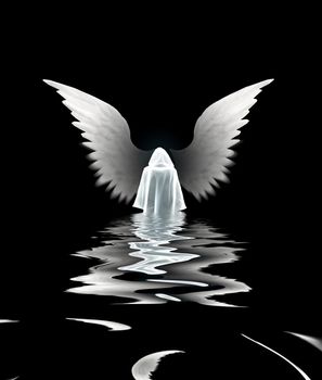 Submerged Angel. White monk and wings. 3D rendering