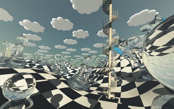 Surreal Chess board Landscape. 3D rendering