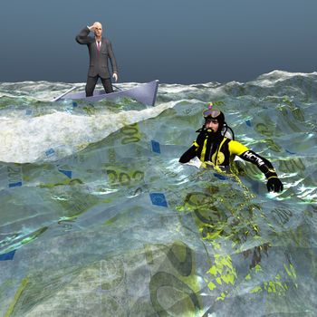 Man in tiny bvoat and diver in Euro Currency sea. 3D rendering
