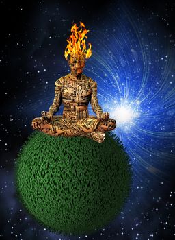 Cyborg Meditation. Droid in lotus pose on green sphere. 3D rendering