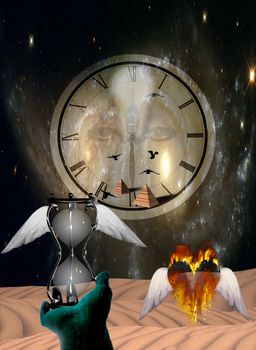 Life and time concept. Hourglass, winged heart and clock. 3D rendering