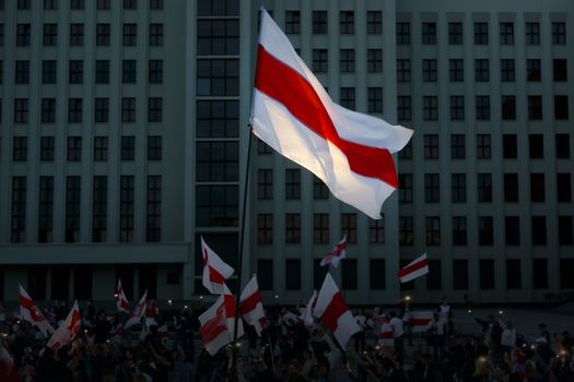 New Belarus white-red-white flag. Protest and historical authentic flag.