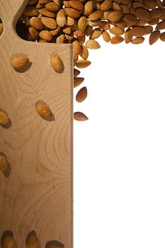 Cutting board and nuts on white background