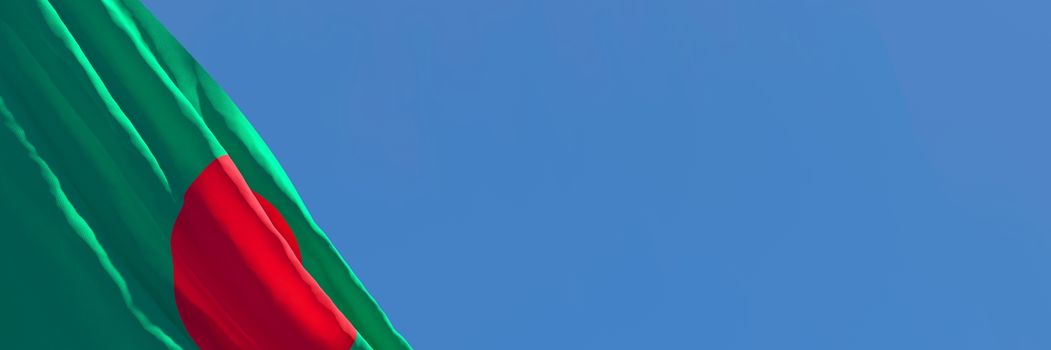 3D rendering of the national flag of Bangladesh waving in the wind against a blue sky