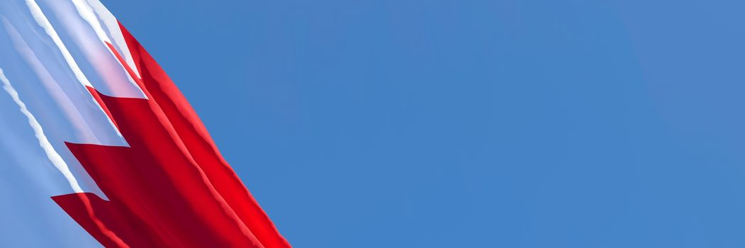 3D rendering of the national flag of Bahrain waving in the wind against a blue sky