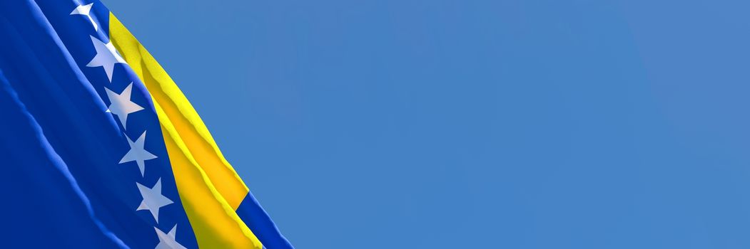 3D rendering of the national flag of Bosnia and Herzegovina waving in the wind against a blue sky