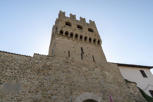 montefalco,italy august 13 2020:tower of Porta which leads to via Corso Goffredo Mameli, municipality of Montefalco