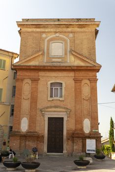 montefalco,italy august 13 2020:San Fortunato tavern in the town square in Montefalco