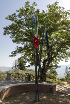 montefalco,italy august 13 2020:Flags placed on the panoramic terrace of Montefalco