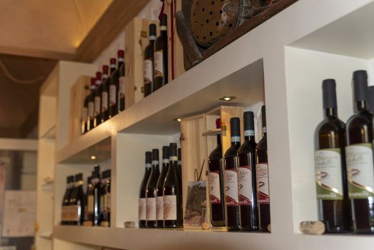 montefalco,italy august 13 2020:Wine shop with tourist wines from the town of Montefalco