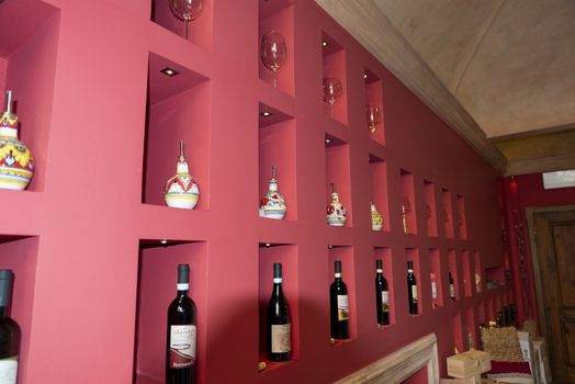 montefalco,italy august 13 2020:Wine shop with tourist wines from the town of Montefalco