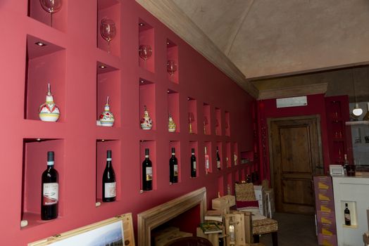 montefalco,italy august 13 2020:Wine shop with tourist wines from the town of Montefalco