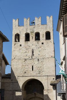 montefalco,italy august 13 2020:tower of Porta which leads to via Corso Goffredo Mameli, municipality of Montefalco