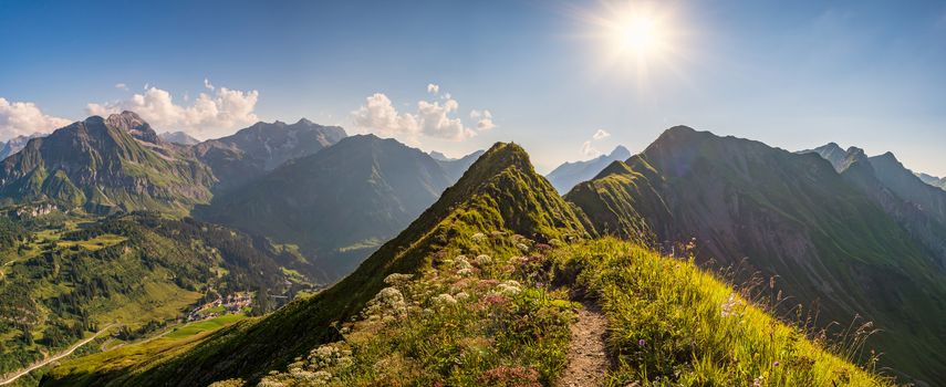 Fantastic sunset tour on the beautiful panoramic mountain Hoferspitze near Schrocken in the Allgau Alps, Kleinwalsertal